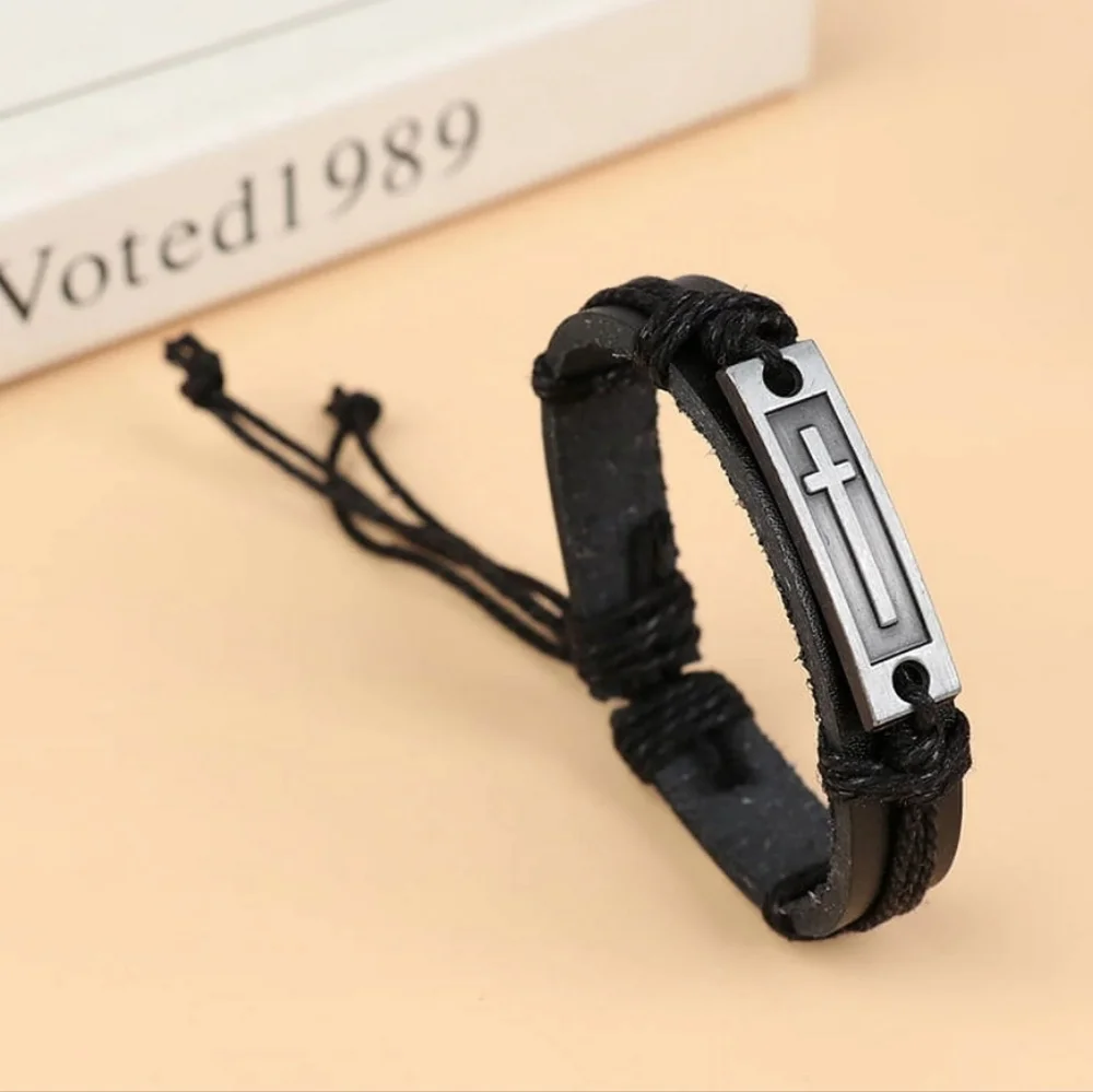 Men or‎ Womens Cross Leather Adjustable Jesus Draw String Religious Bracelet